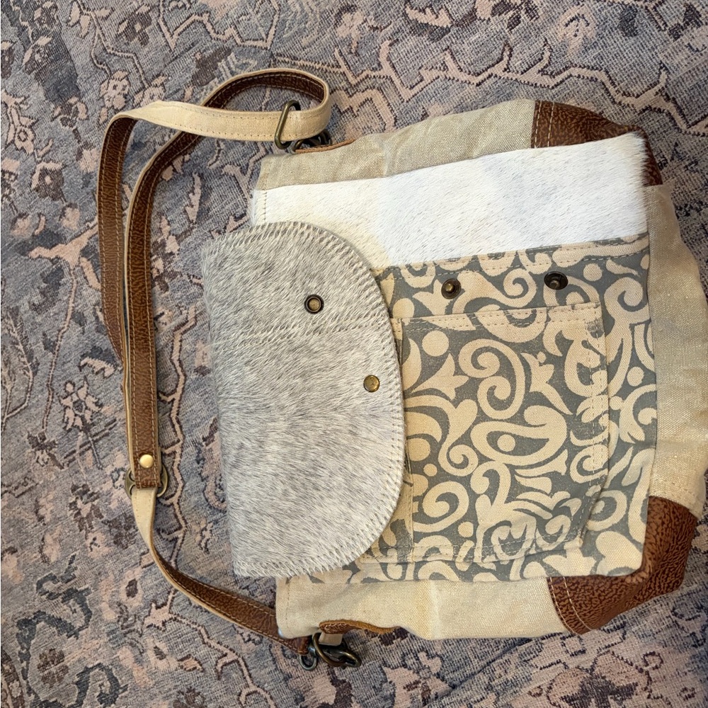 Myra Bag Neutral Canvas & Haircalf Crossbody with Brown Trim